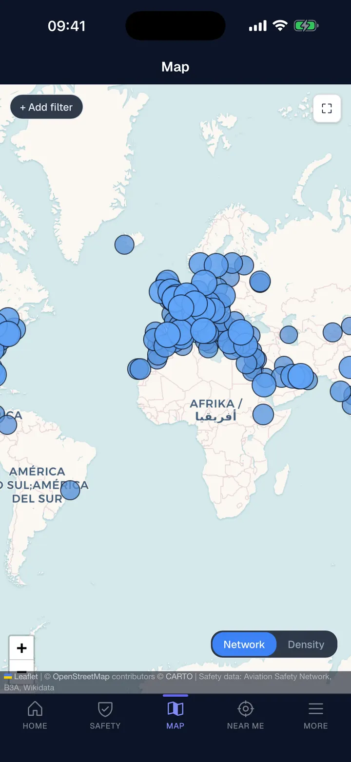 The accident map, filterable by airline and aircraft type